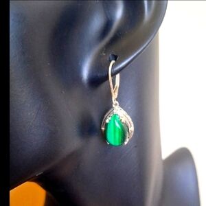​VTG 925 Sterling Silver Malachite Teardrop Leverback Earrings